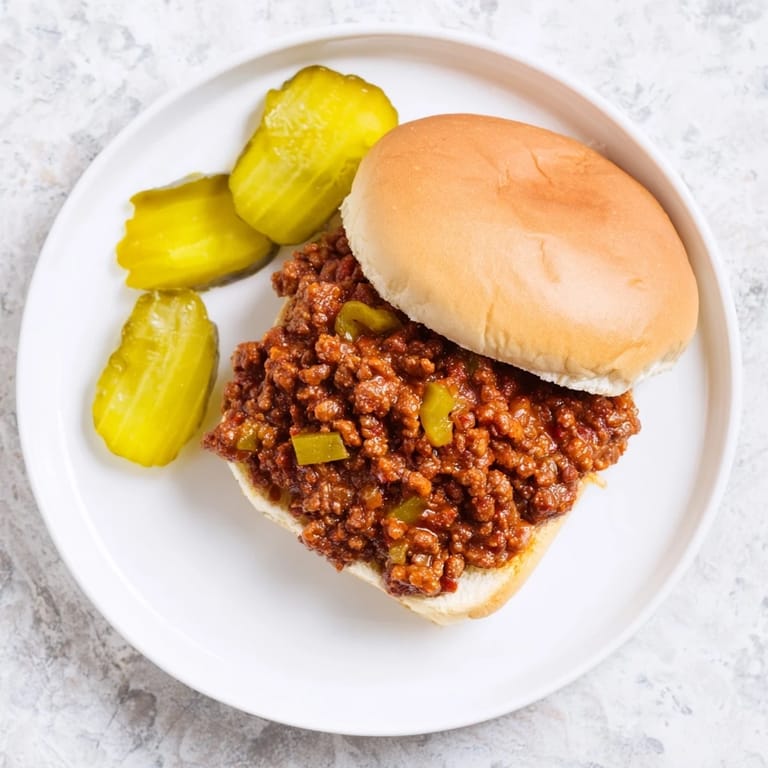 Sizzling ground beef simmering with onions and peppers in a rich, sweet-savory sauce for classic Sloppy Joes.