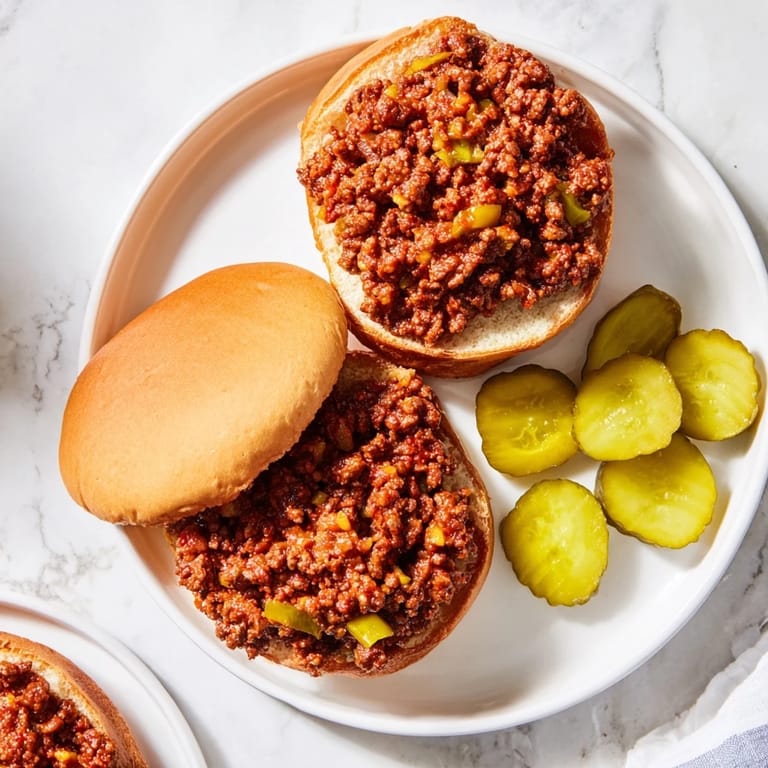 Freshly assembled Sloppy Joes on soft buns, ready to serve alongside potato chips at a casual family dinner.