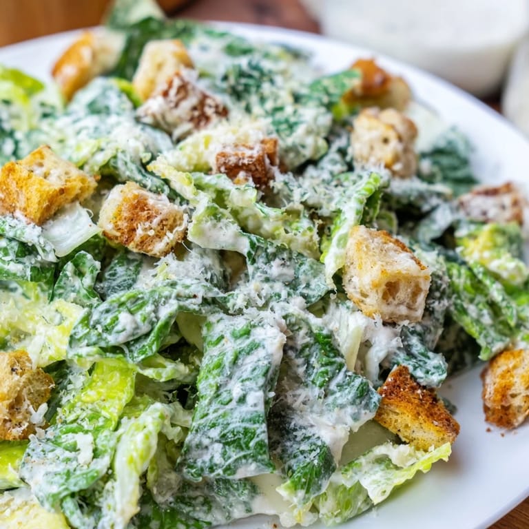 Crisp Caesar salad with golden croutons and creamy dressing, plated for a family-style Italian-American dinner.