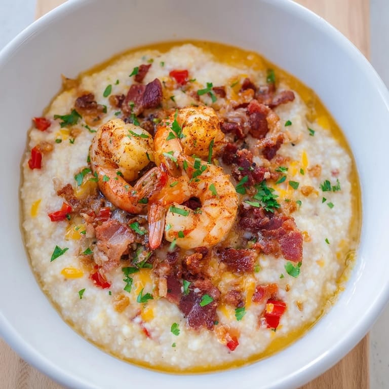 Close-up of succulent shrimp and grits, featuring crispy bacon, onions, and bell peppers in a savory gravy.