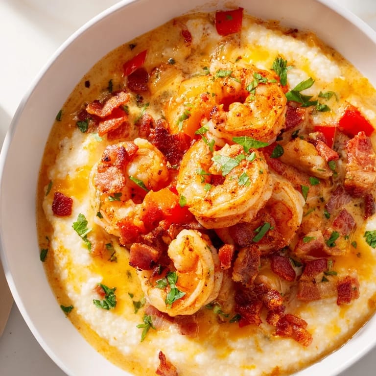 Spoonful of cheesy grits and shrimp and grits, garnished with fresh parsley and lemon for a zesty brunch.