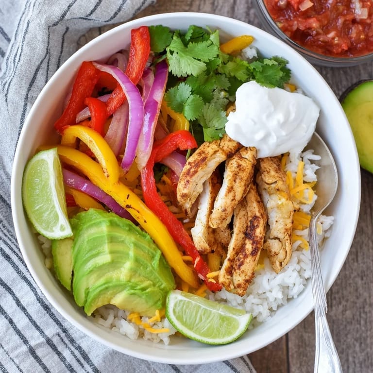 A close-up of a Chicken Fajita Bowl, featuring seasoned meat, colorful vegetables, and zesty lime wedges for garnish.