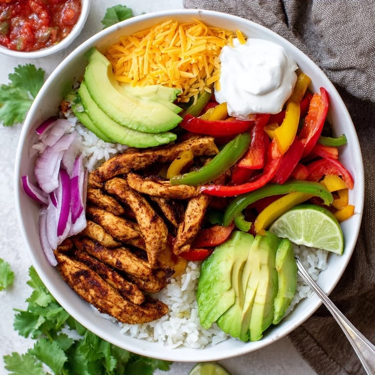 Colorful Chicken Fajita Bowl with sizzling chicken, peppers, onions, and cilantro, ready to serve for a family dinner.