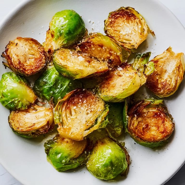 Close-up of perfectly roasted Brussels sprouts with golden brown leaves and optional Parmesan garnish, gluten-free and vegetarian.