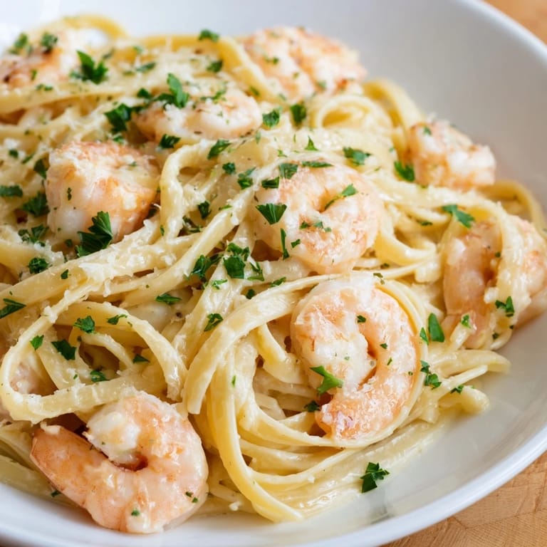 Serve Creamy Garlic Shrimp Pasta in a warm bowl, steam rising, with Parmesan and red pepper flakes for color.