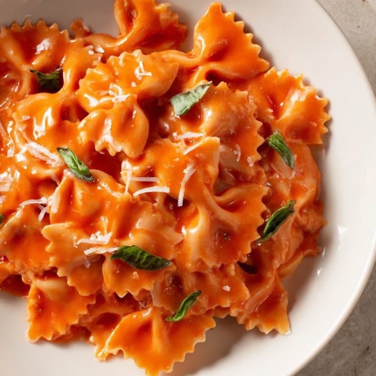 Creamy Tomato Basil Bowtie Pasta served in a rustic white bowl, garnished with shaved Parmesan and a sprinkle of fresh herbs for a comforting weeknight meal.