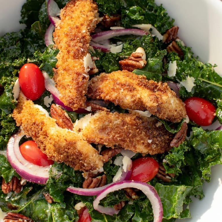 Crispy Chicken Kale Salad features juicy chicken cutlets coated in panko on fresh greens with a tangy maple-Dijon dressing.