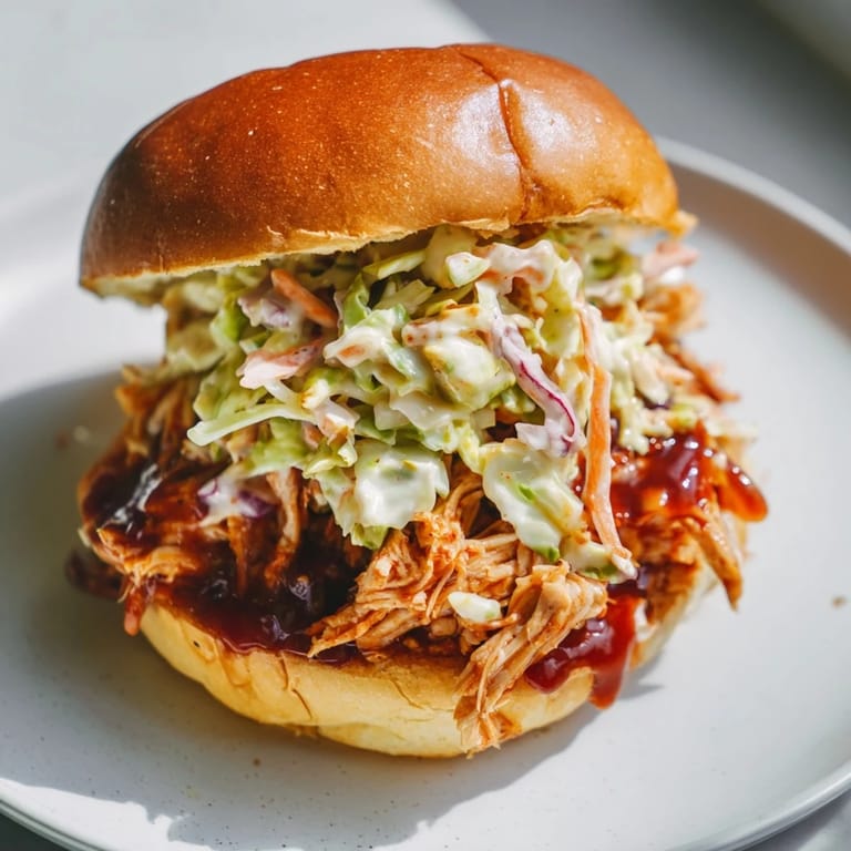 Freshly toasted brioche buns cradle tender pulled chicken coated in barbecue sauce, layered with bright, tangy slaw.