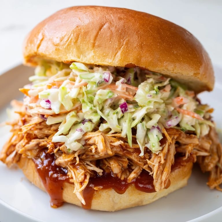 Homemade pulled barbecue chicken sandwich with tender shredded meat and crisp slaw, served on a soft brioche bun.