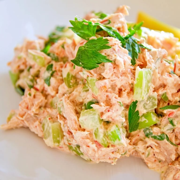 Vivid view of the protein-packed Spicy Zesty Tuna Salad featuring finely diced celery and a zest of lemon juice in a rustic setting.