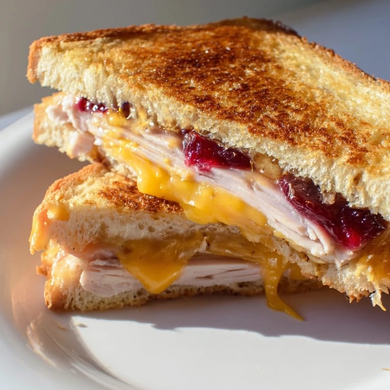 Sliced Smoked Turkey Grilled Cheese served with a side salad, highlighting the golden crust and colorful filling.