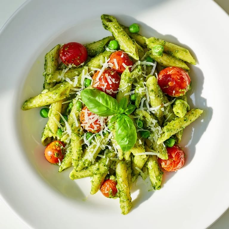 Green Pesto Pasta Salad served in a white bowl, ready for a light lunch or picnic, featuring tender pasta, juicy tomatoes, and a drizzle of olive oil.  