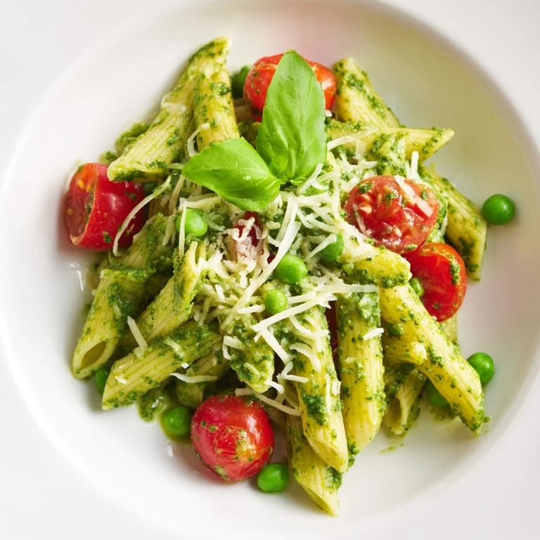 Overhead view of Green Pesto Pasta Salad mixing in a large bowl, with bright green peas, cherry tomatoes, and Parmesan cheese creating a colorful, fresh dish.