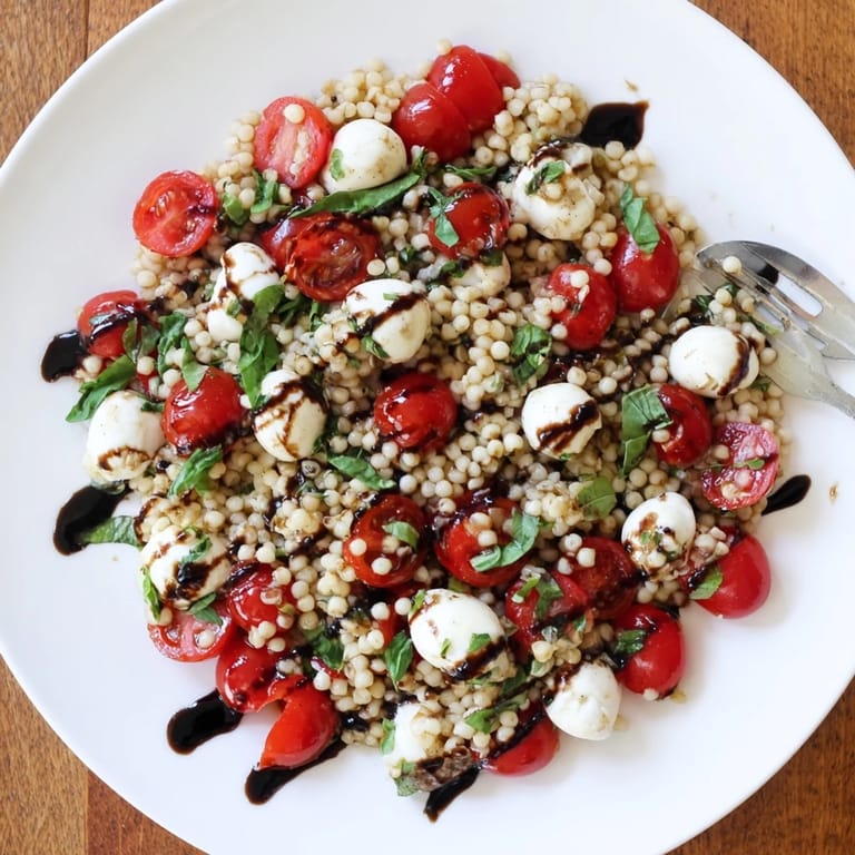 Bright flavors of fresh basil, tangy balsamic, and tender couscous make this Caprese Couscous Salad a colorful and satisfying vegetarian dinner side.