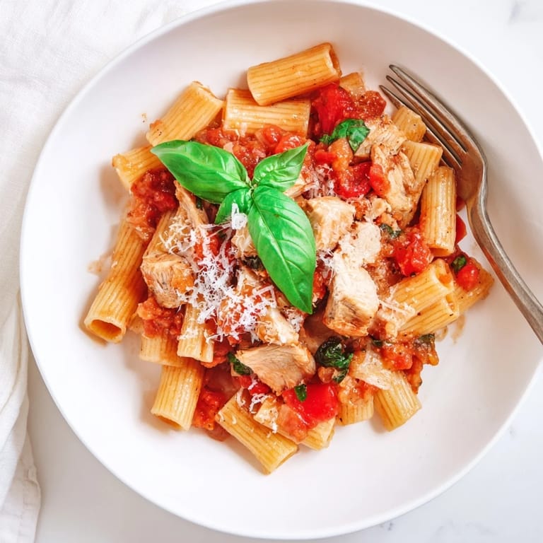 In a white bowl, the Tomato Basil Chicken Pasta steams gently, garnished with grated Parmesan and a sprinkle of fresh basil leaves.