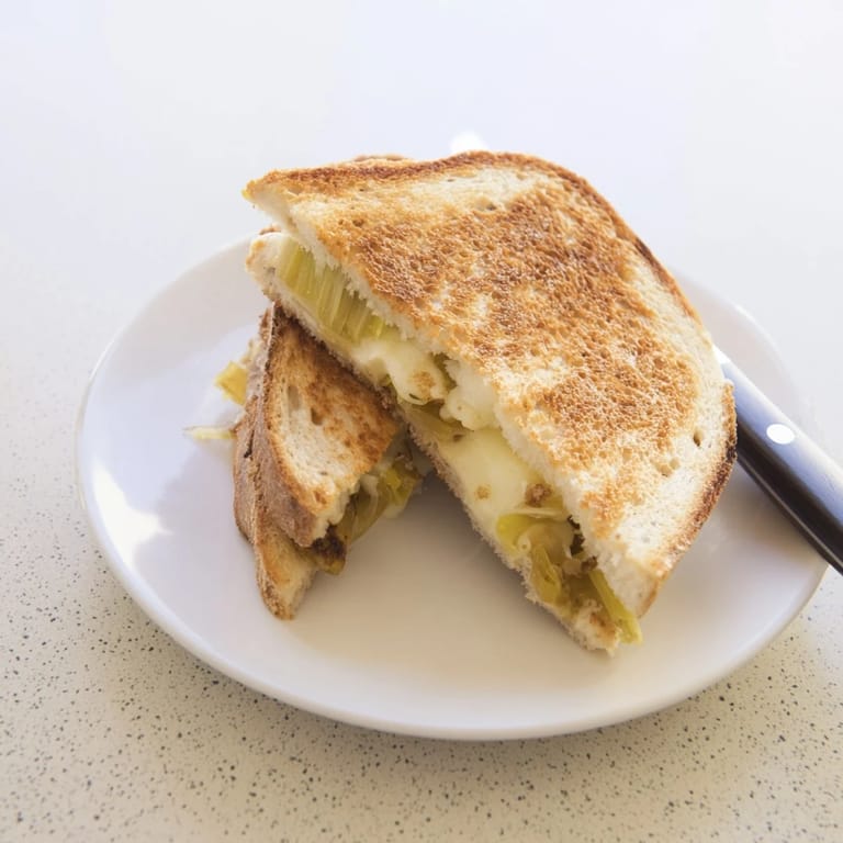 Golden-brown Havarti & Caramelized Leek Grilled Cheese sandwiches, oozing melted cheese and rich leeks, ready to enjoy with a fresh side salad.