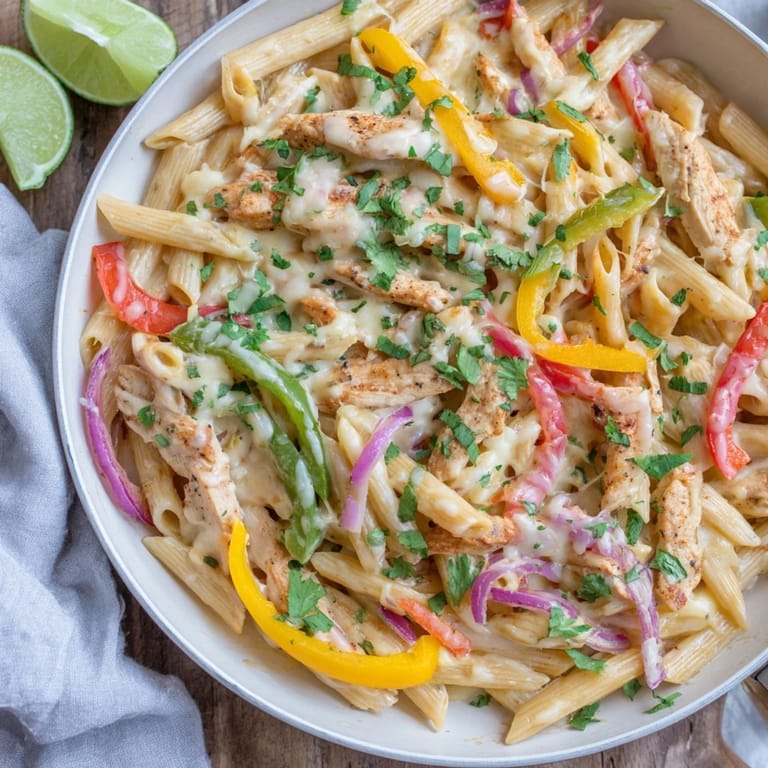 Serve this savory Fajita Chicken Pasta Skillet hot, garnished with fresh cilantro, lime wedges, and sliced jalapeños for extra zest.