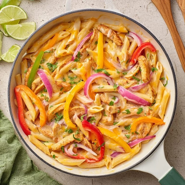 In this one-pan Fajita Chicken Pasta Skillet, colorful bell peppers and tender chicken mingle with melted cheddar and mozzarella for a Tex-Mex twist.