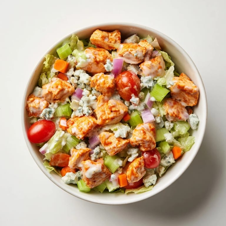 Crisp romaine, tangy buffalo chicken, and crunchy celery tossed with blue cheese and drizzled with cool ranch dressing.  