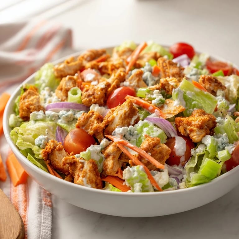 Zesty Buffalo Chicken Chopped Salad served with bright cherry tomatoes and shredded carrots for a colorful, protein-packed meal.
