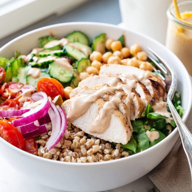 Bright lemon tahini sauce coats roasted chickpeas and tender chicken in this colorful Mediterranean-inspired power bowl, perfect for a healthy lunch.