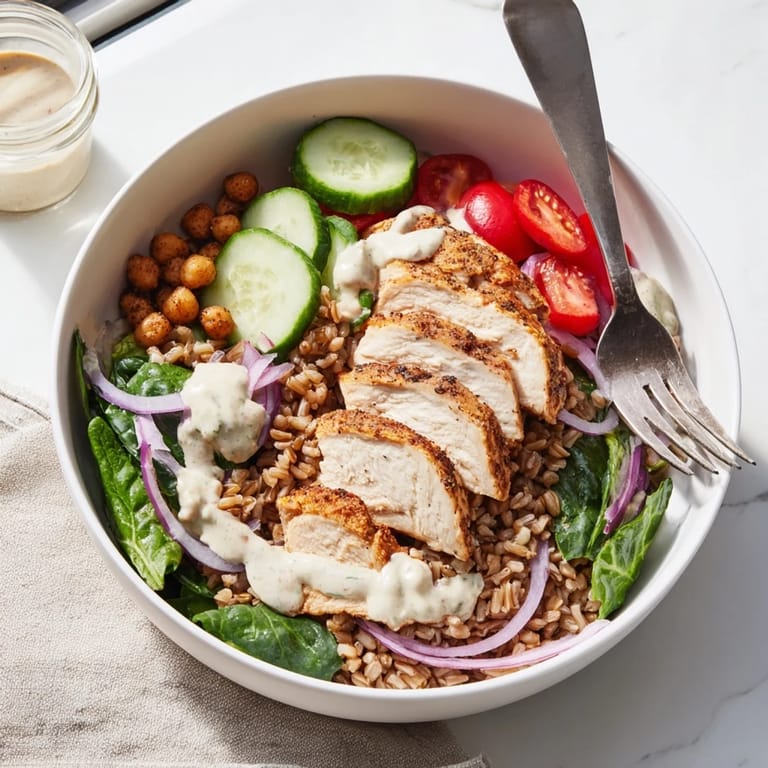 Fresh cucumber, cherry tomatoes, and red onion top the Lemon Tahini Chicken Power Bowl, finished with a zesty, garlicky tahini drizzle.