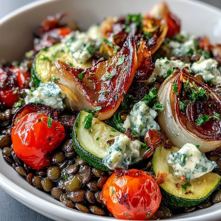A vibrant black lentil salad, showcasing tender roasted vegetables ready to be enjoyed.