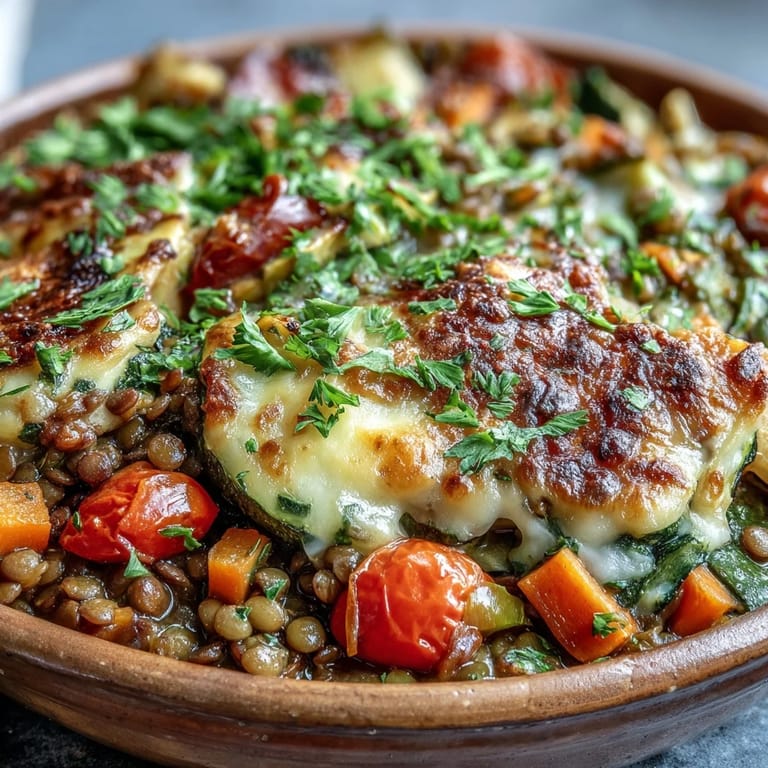 Golden-brown topping crowns this wholesome green lentil and vegetable casserole dish.