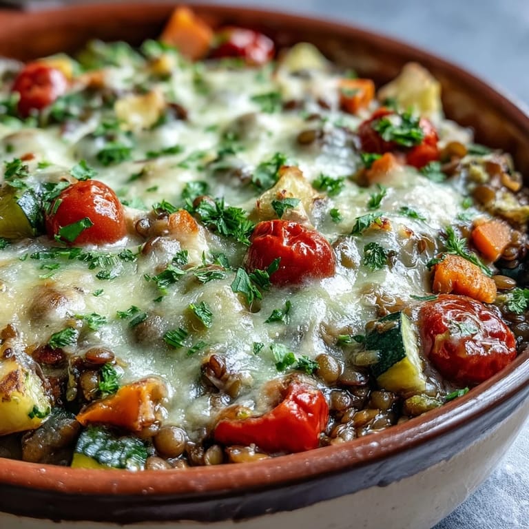 Comforting green lentil and vegetable casserole ready to serve with fresh parsley.