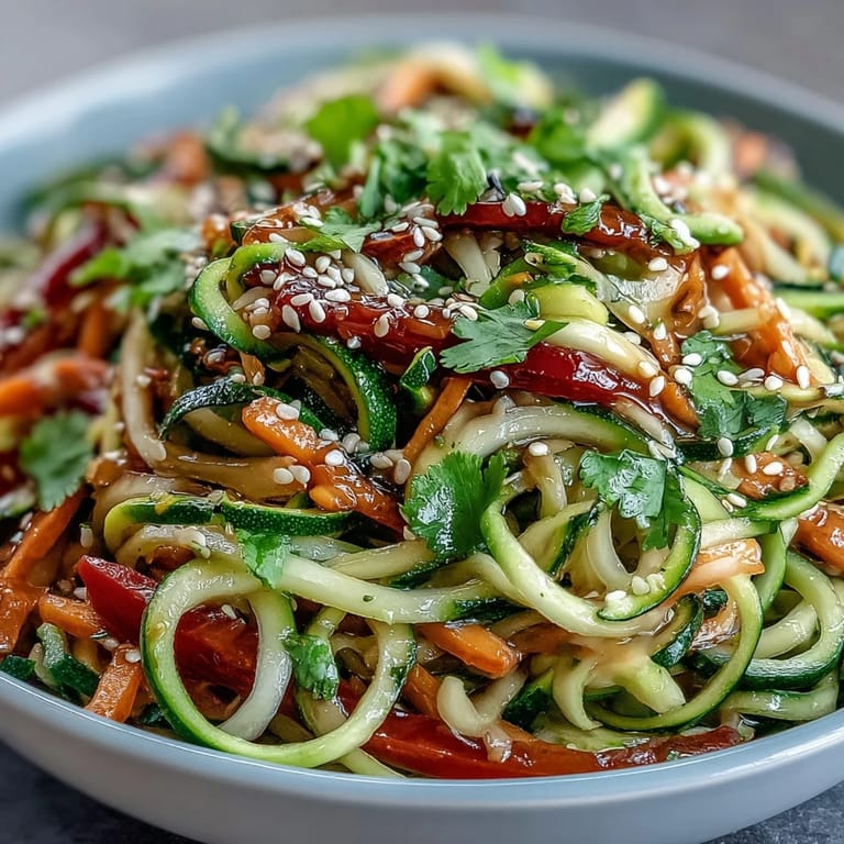 Refreshing Raw Vegetable Noodle Salad plate ready with crisp veggies and herbs.