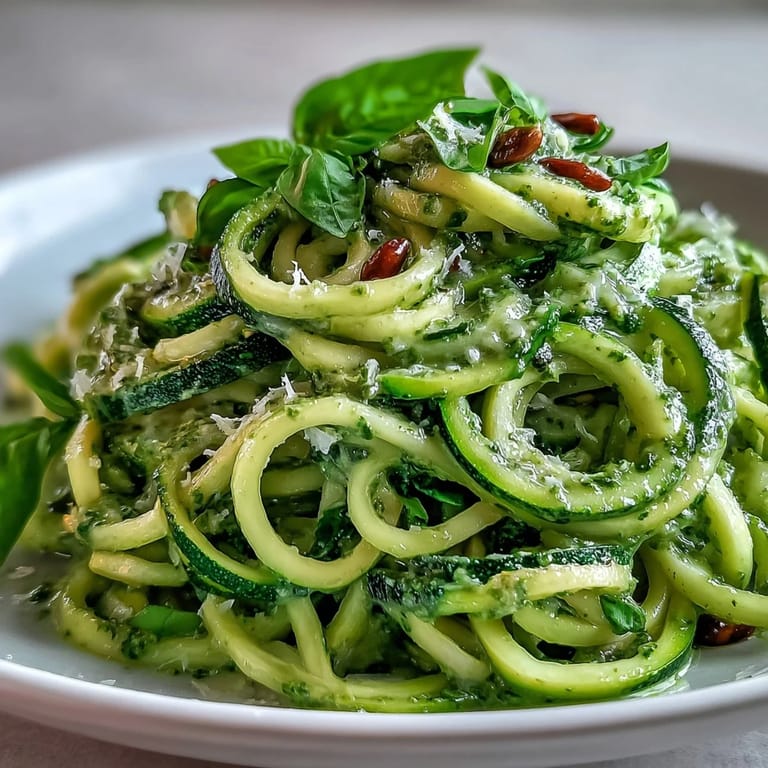 Freshly spiralized zucchini noodles glistening with homemade pesto, ready to serve.