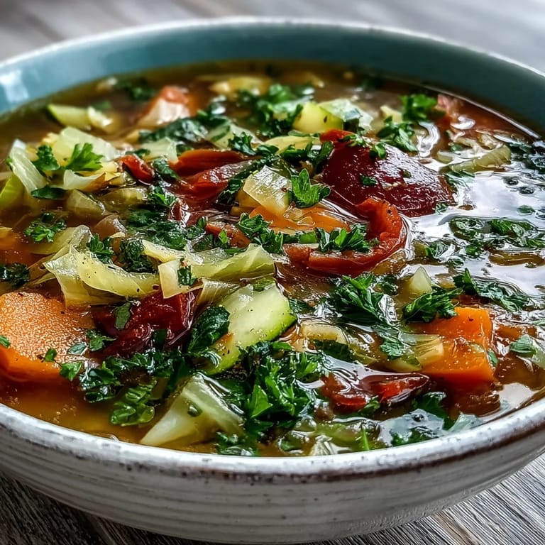 Comforting Cabbage Soup with colorful vegetables, ready to enjoy with a slice of crusty bread.