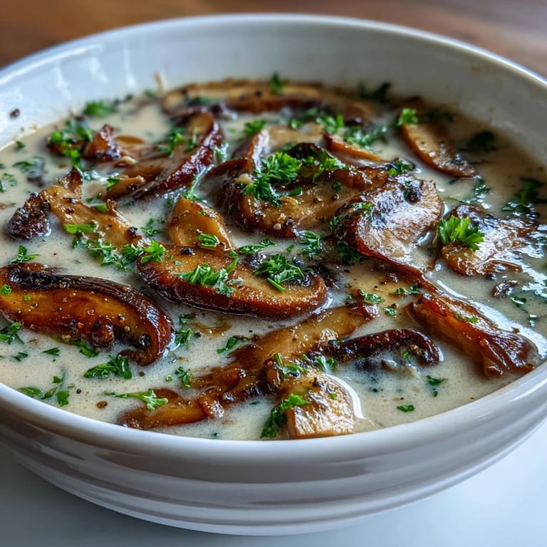 Mushroom Soup with golden-brown mushrooms and carrots in a rustic ceramic bowl, showcasing its rich, velvety texture.