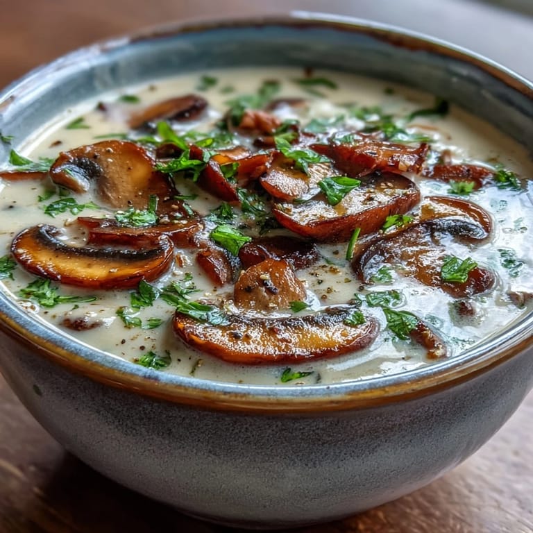 Close-up of a rich, earthy Mushroom Soup ladled from a pot, highlighting the fresh thyme and cream swirl.