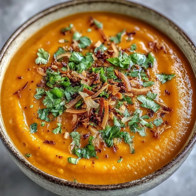Close-up view of a creamy Carrot and Coconut Soup ladled into a rustic bowl, showing its smooth, velvety texture and vibrant orange hue.