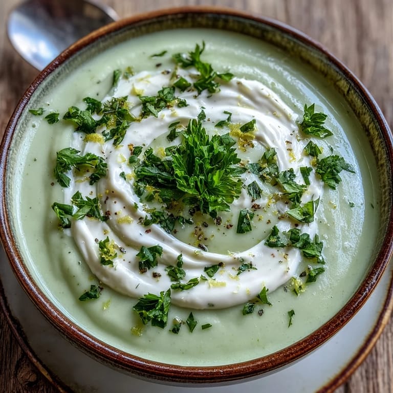 Silky Zucchini Soup in a white bowl, topped with a swirl of cream and fresh herbs for a bright summer starter.