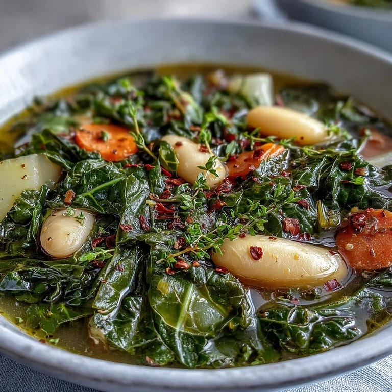 This hearty kale soup features creamy beans, chunks of potato, and a sprinkle of fresh thyme.