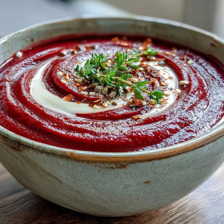 Roasted beet soup served with crusty bread and lemon wedges, a perfect cozy vegetarian appetizer.