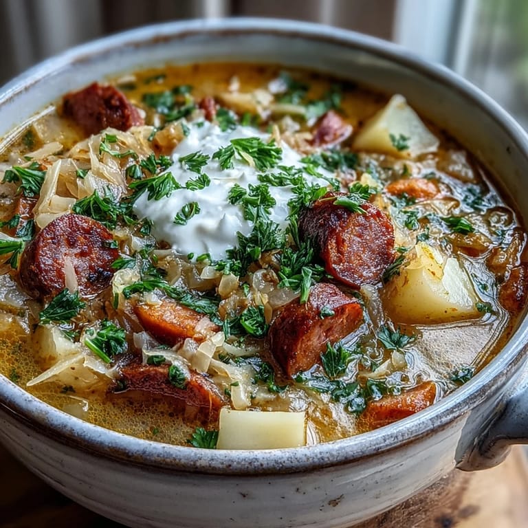 Golden-brown kielbasa sausage and sauerkraut simmering in a rustic pot, creating a savory Sauerkraut Soup ready for a cozy meal.