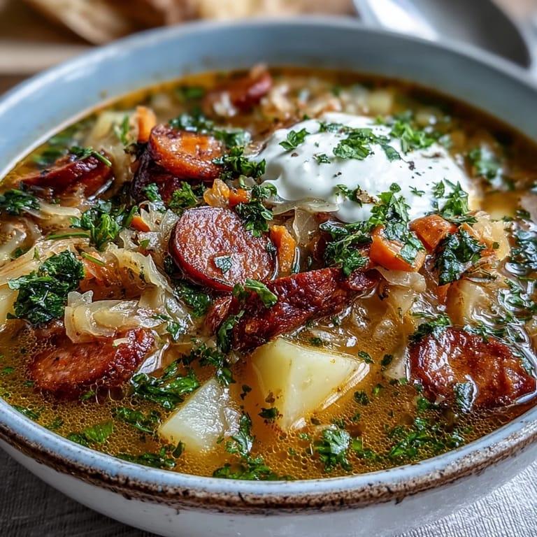 Close-up of creamy Sauerkraut Soup in a rustic bowl, showcasing the tangy fermented cabbage and herbs for a comforting side.