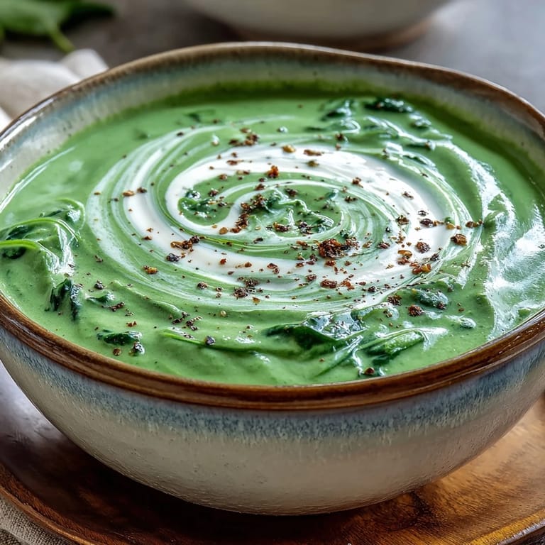 Creamy spinach soup served in a rustic white bowl, with steam rising from the smooth, vibrant green surface.  
