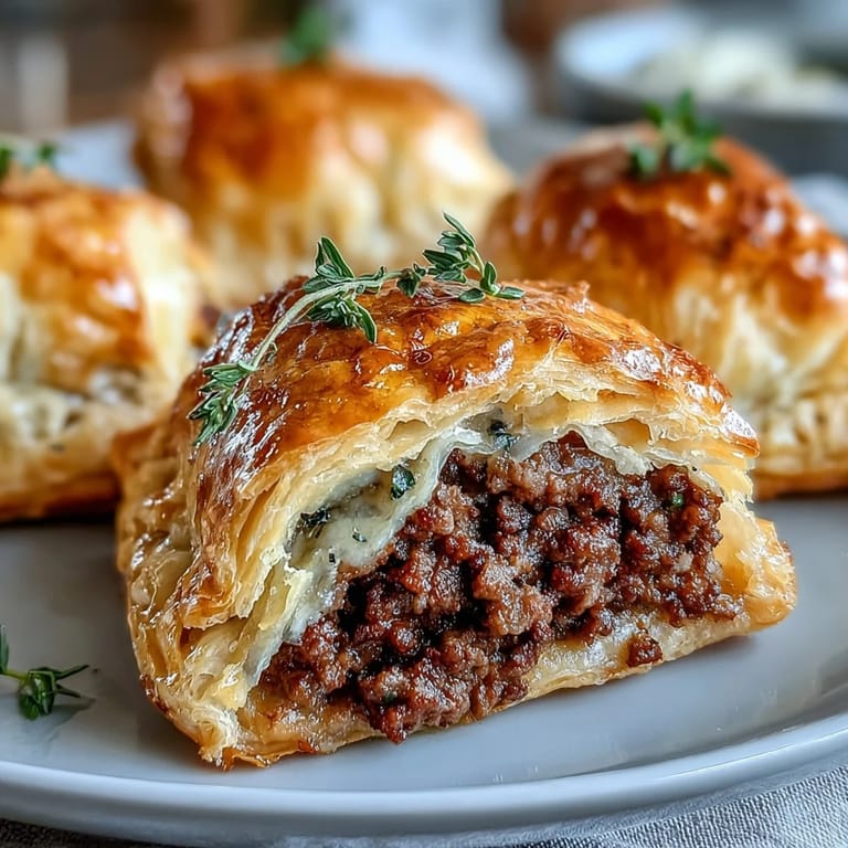 Freshly baked Mini Beef Tourtières served on a white platter, garnished with chopped parsley and a side of Dijon mustard.