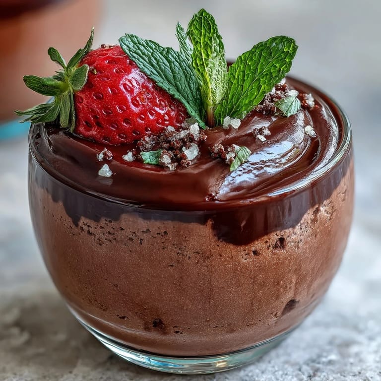 Spoon-ready Chocolate-Covered Strawberry Mousse topped with shaved chocolate and a mint leaf garnish.