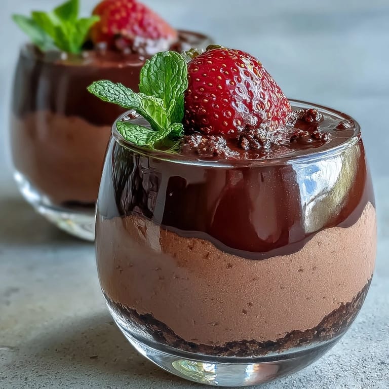 Clear glass showing Chocolate-Covered Strawberry Mousse, ripe strawberry halves, and smooth chocolate ganache.