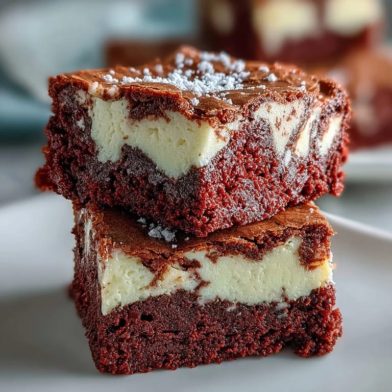 Rich red velvet brownie squares topped with velvety cheesecake swirls, perfect for a decadent dessert party.