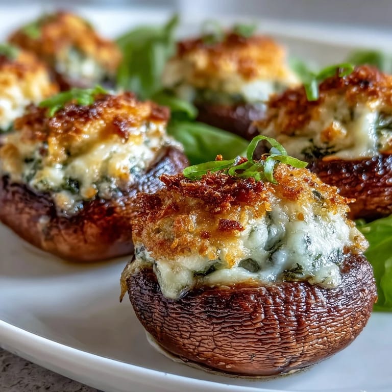 A close-up of bite-sized Stuffed Asiago-Basil Mushrooms with creamy Asiago filling, served elegantly on a white ceramic plate with herbs.