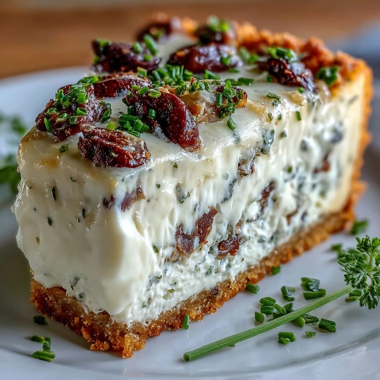 Close-up of a plated Kalamata Cheesecake Appetizer topped with sliced olives, highlighting its rich texture and herb garnish.