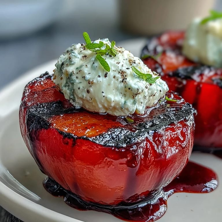 Close-up of caramelized Balsamic-Goat Cheese Grilled Plums showing creamy cheese dollop and glossy tangy glaze drizzle.