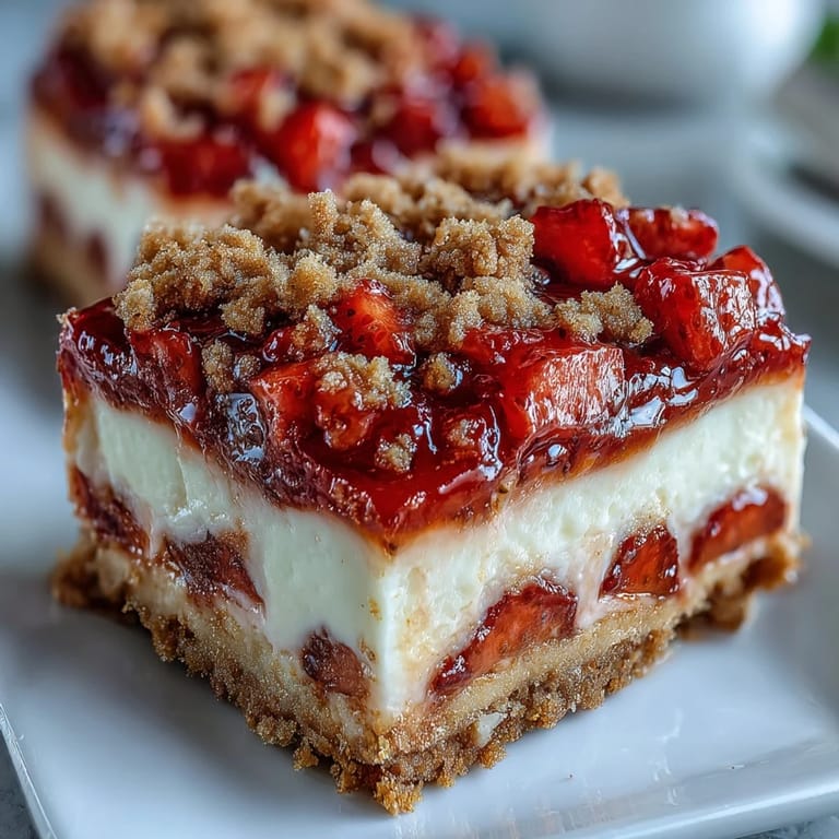 A fork lifts a slice of Strawberry Cheesecake Bars revealing a buttery crust and fresh berry topping.