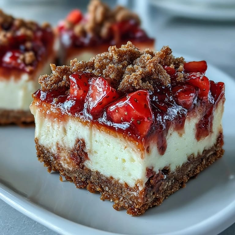 Homemade Strawberry Cheesecake Bars with diced strawberries on a marble countertop, perfect for a sweet party dessert.